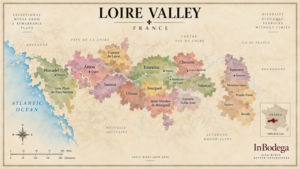 Vintage map of the Loire Valley wine region in France showing Muscadet, Anjou, Saumur, Touraine, Sancerre, Pouilly-Fumé and other appellations