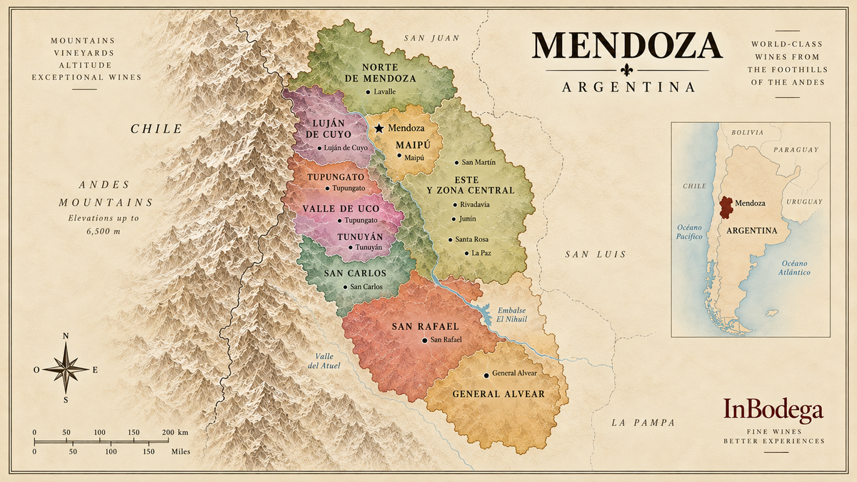 Vintage map of Mendoza wine region in Argentina showing Luján de Cuyo, Tupungato, Uco Valley, Tunuyán, San Carlos, San Rafael and other major wine areas