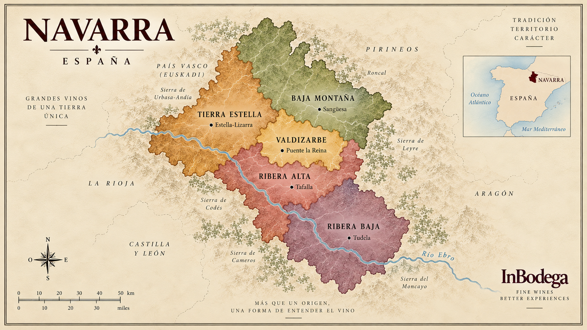 Vintage map of Navarra wine region in Spain showing Tierra Estella, Baja Montaña, Valdizarbe, Ribera Alta and Ribera Baja