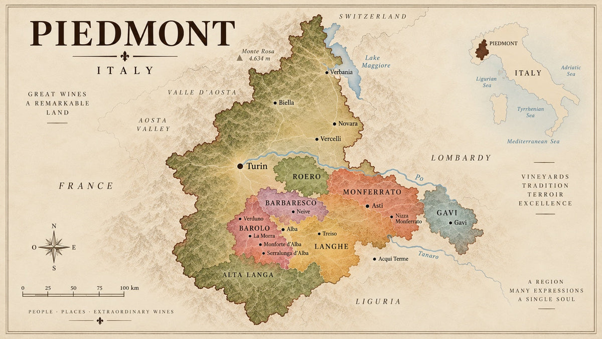 Vintage map of Piedmont wine region in Italy showing Barolo, Barbaresco, Langhe, Roero, Monferrato and Gavi