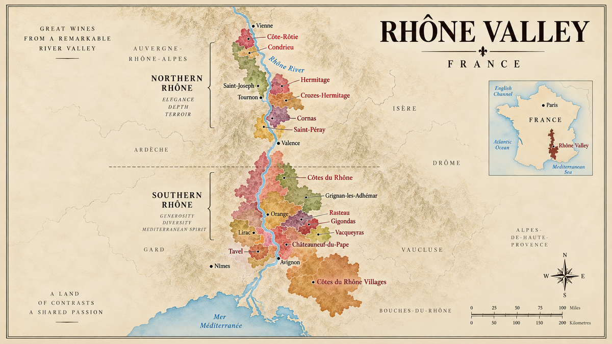 Vintage map of the Rhône Valley wine region in France showing Northern Rhône and Southern Rhône appellations including Côte-Rôtie, Hermitage, Gigondas and Châteauneuf-du-Pape