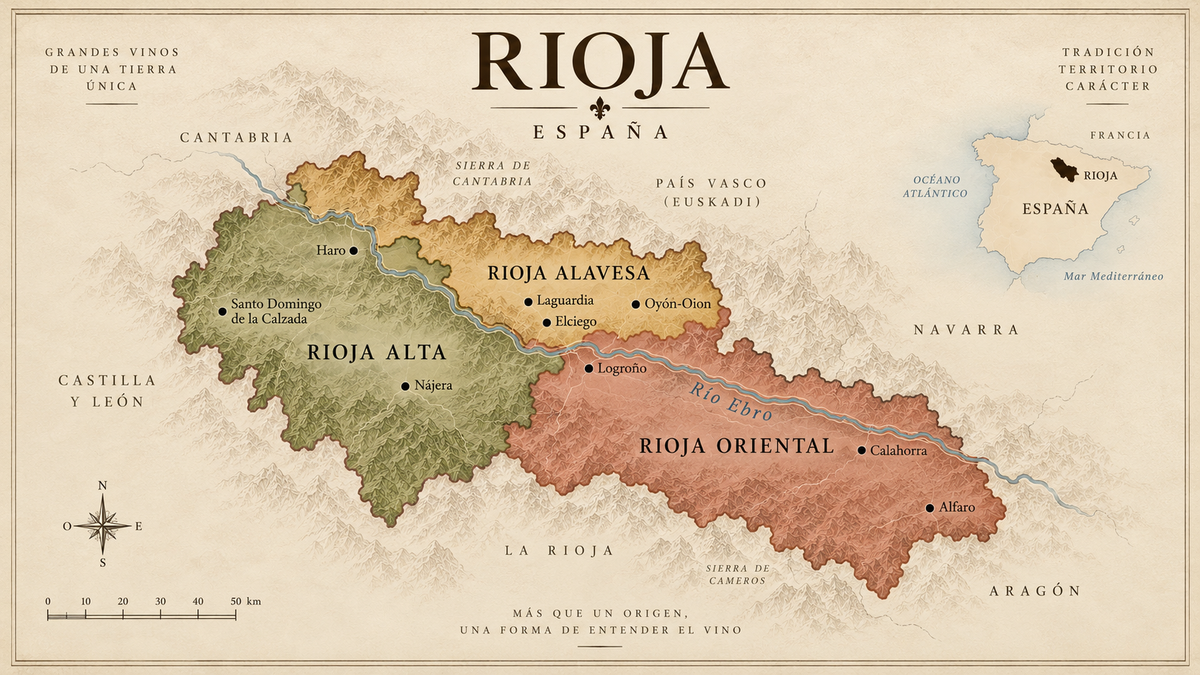 Vintage map of Rioja wine region in Spain showing Rioja Alta, Rioja Alavesa and Rioja Oriental