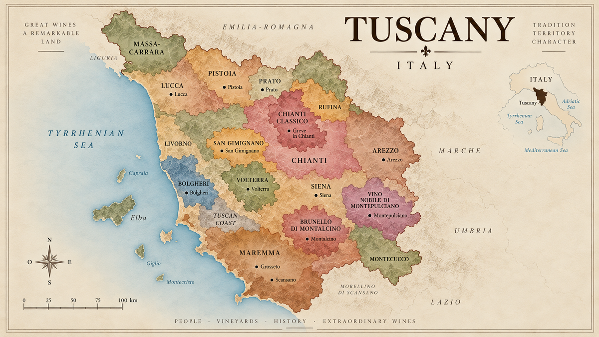Vintage map of Tuscany wine region in Italy showing major wine areas including Bolgheri, Chianti Classico, Montalcino, Rufina and San Gimignano