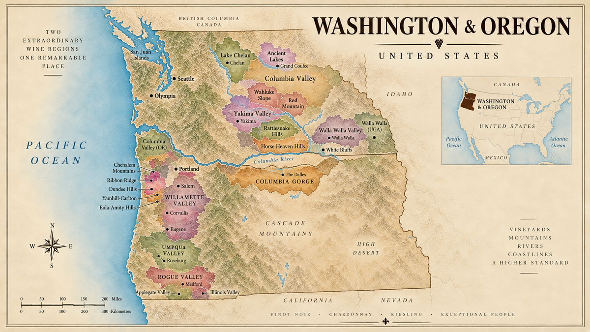 Vintage map of Washington and Oregon wine regions highlighting Walla Walla Valley across both states