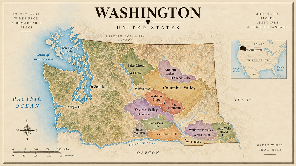 Vintage map of Washington wine regions in the United States showing Columbia Valley, Yakima Valley, Walla Walla Valley, Lake Chelan, Ancient Lakes and other major wine areas