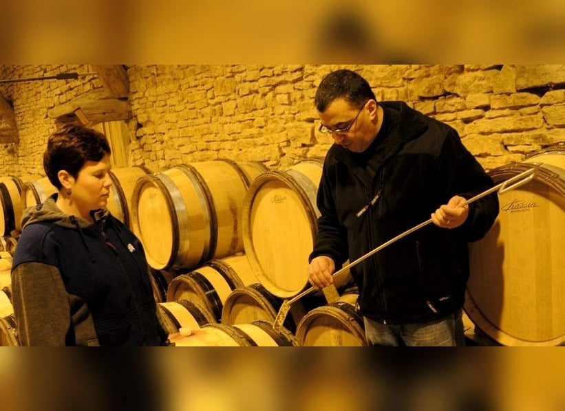 Barrel tasting in the Lucien Le Moine cellar in Burgundy, France