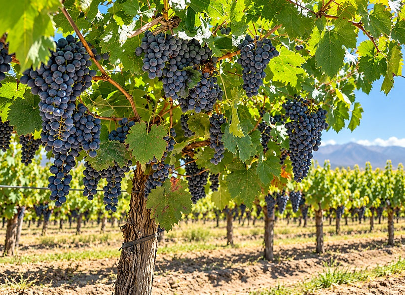 Ripening red grape clusters in a Mendoza vineyard