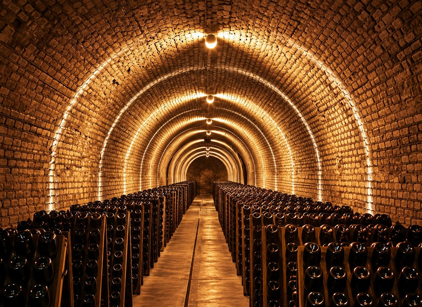Illustrative Champagne cellar with warm brick arches and bottle racks, inspired by the historic cellars of Krug