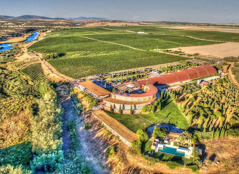 Aerial view of Pago del Vicario winery, vineyard blocks and nearby river in Spain