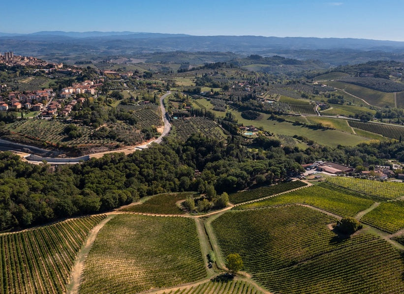 Aerial photograph of vineyards and Tuscan hills near San Gimignano