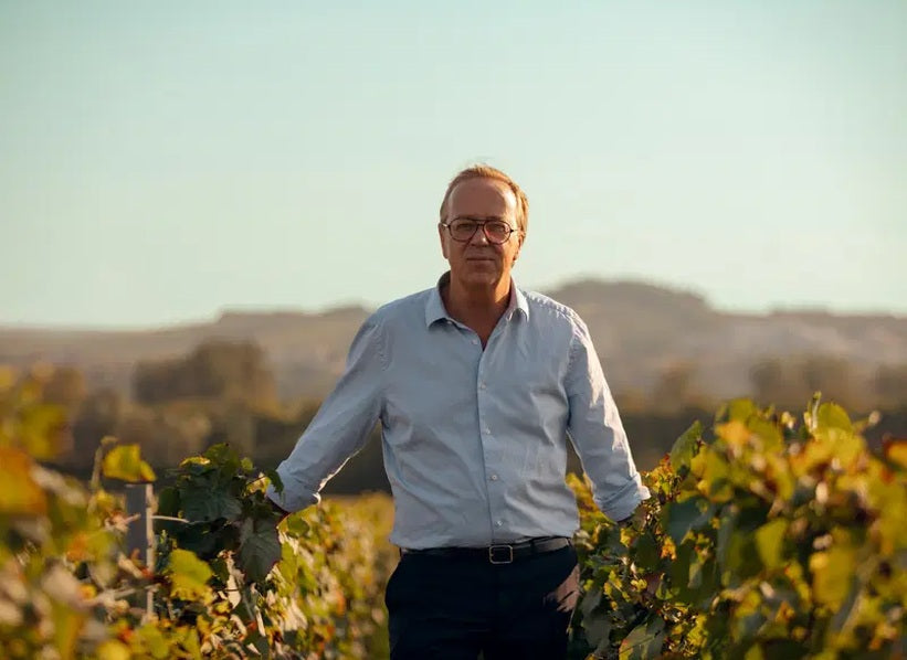 Winemaker standing in vineyard rows, photo supplied for Vignobles Moze-Berthon