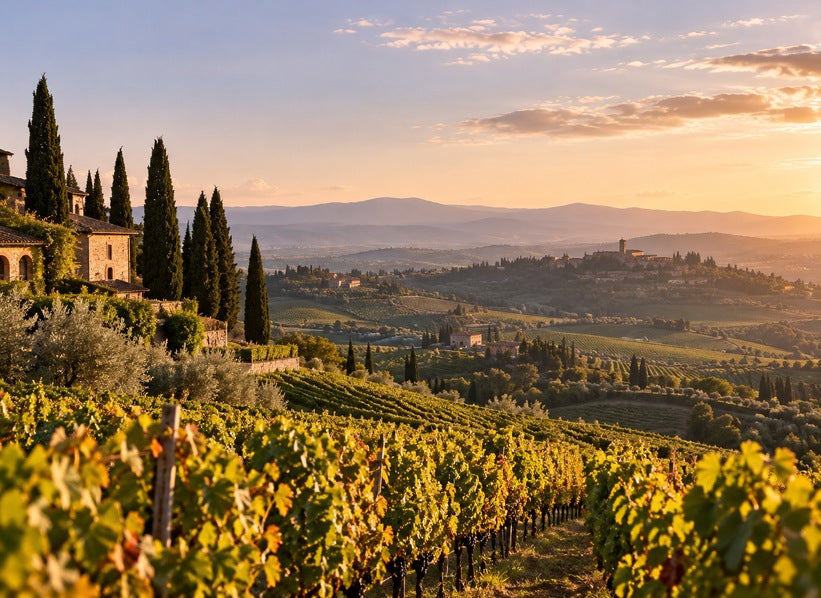 Illustrative Italian vineyard landscape at sunset; not a photograph of Villa Marin’s estate