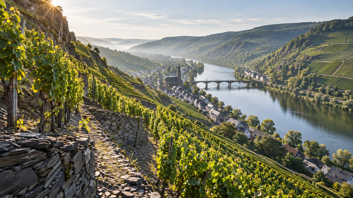 Steep vineyard slopes above the Mosel River in Germany