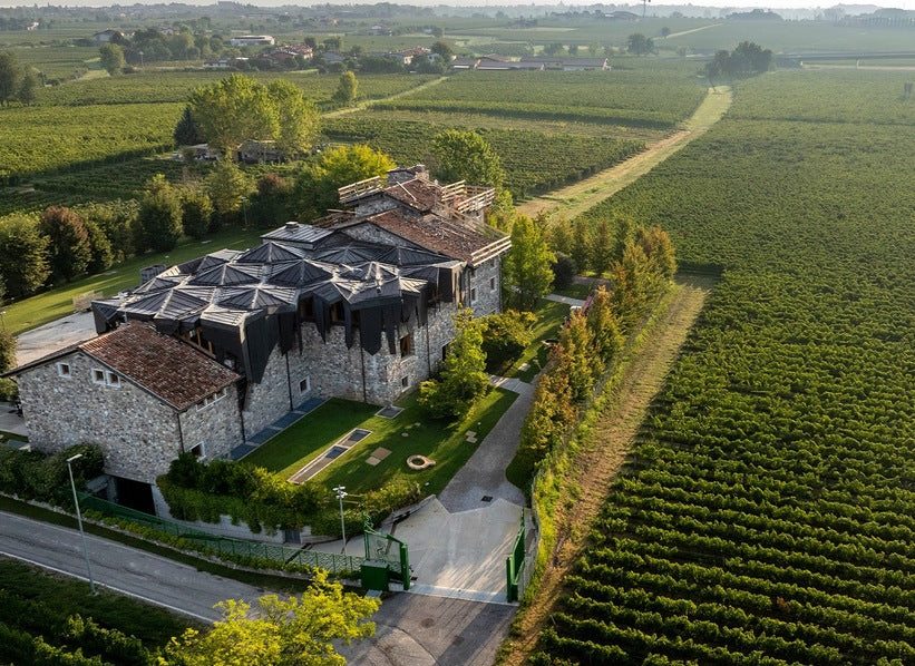 Aerial photograph of winery buildings and surrounding vineyards, supplied for the Zenato producer page