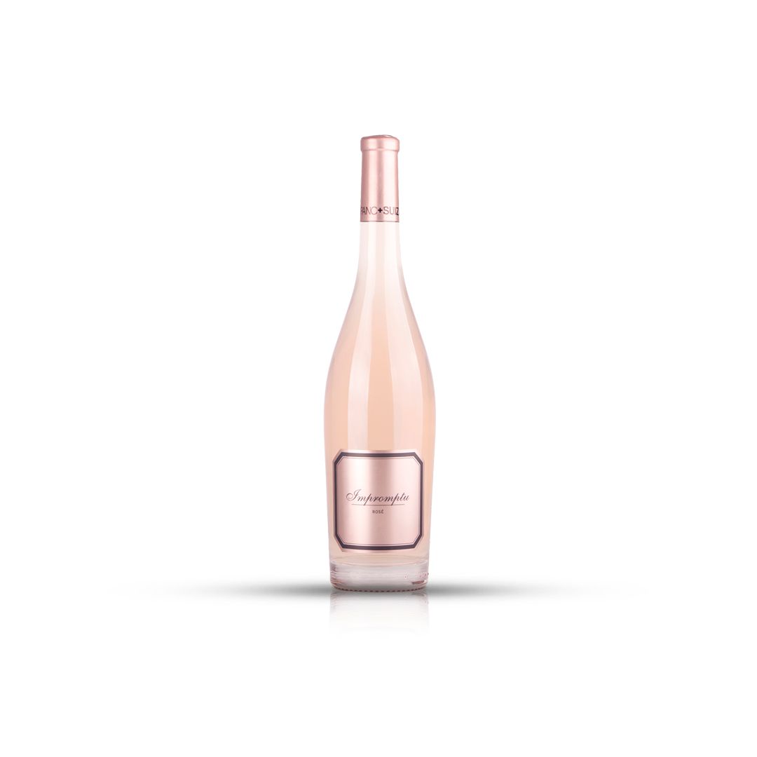 Bottle of Bodegas Hispano+Suizas Impromptu Rosé with pale rose-gold color, D.O.P. Utiel-Requena