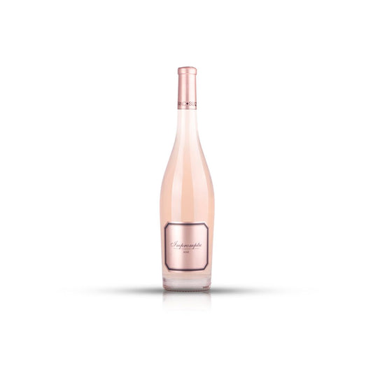Bottle of Bodegas Hispano+Suizas Impromptu Rosé with pale rose-gold color, D.O.P. Utiel-Requena