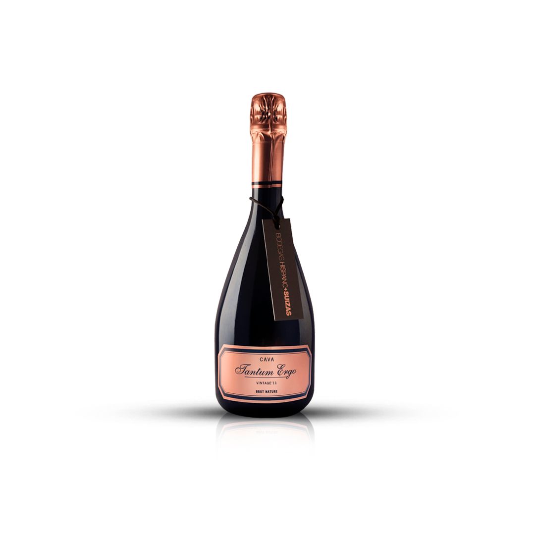Bottle of Bodegas Hispano+Suizas Tantum Ergo Brut Nature 2022 Cava on a clean background