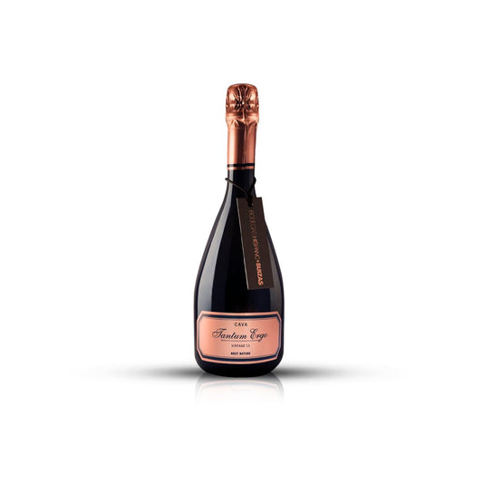 Bottle of Bodegas Hispano+Suizas Tantum Ergo Brut Nature 2022 Cava on a clean background
