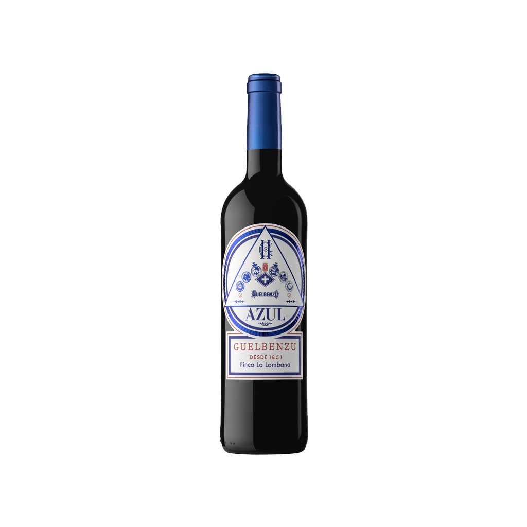 Guelbenzu Azul 2019 bottle, Ribera del Queiles Spanish red blend with Tempranillo, Syrah, Cabernet Sauvignon, Graciano