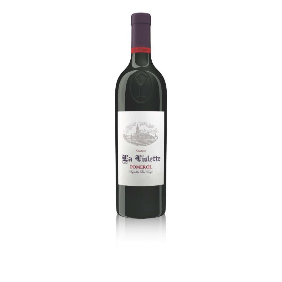 Bottle of Château La Violette 2019 Magnum – rare Pomerol Merlot with deep purple color, floral and black fruit aromas, truffle notes, and elegant tannins.