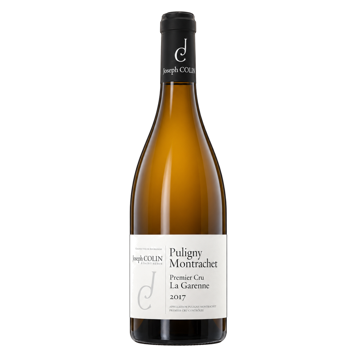 Domaine Joseph Colin – Puligny-Montrachet Premier Cru La Garenne 2017 – Burgundy France — full front bottle on white background