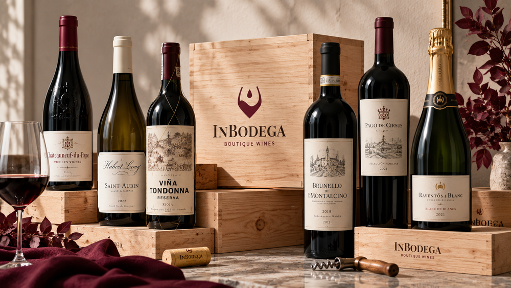 Elegant New Arrivals wine display with bottles and wooden InBodega crates