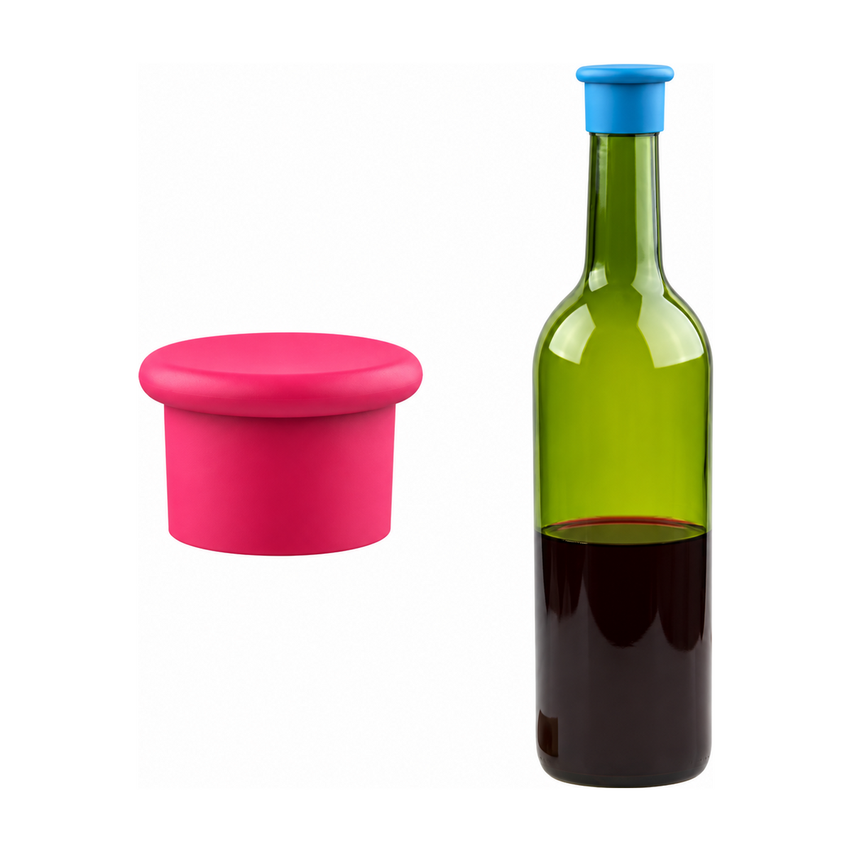 Silicone Wine Bottle Cap — pink silicone cap beside blue cap on a demonstration bottle