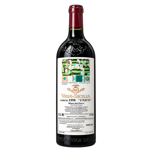 Vega Sicilia – Único 1998 – Ribera del Duero Spain — restored full 750ml bottle on white; vintage-specific 1998 label.