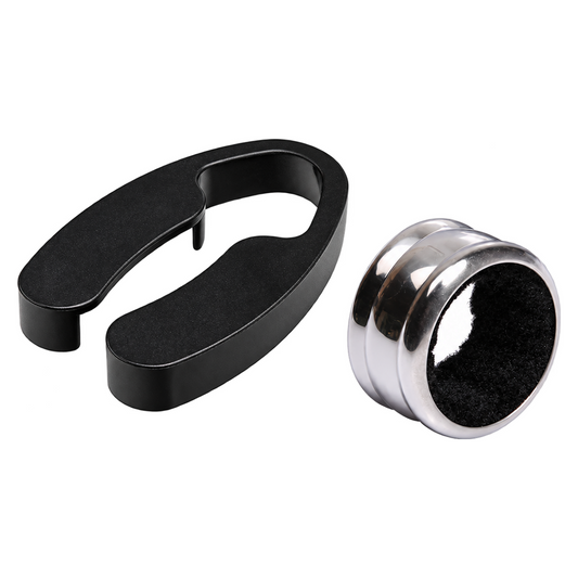 Wine Foil Cutter & Drip Ring Set — black foil cutter and polished silver drip ring with black interior, on white.