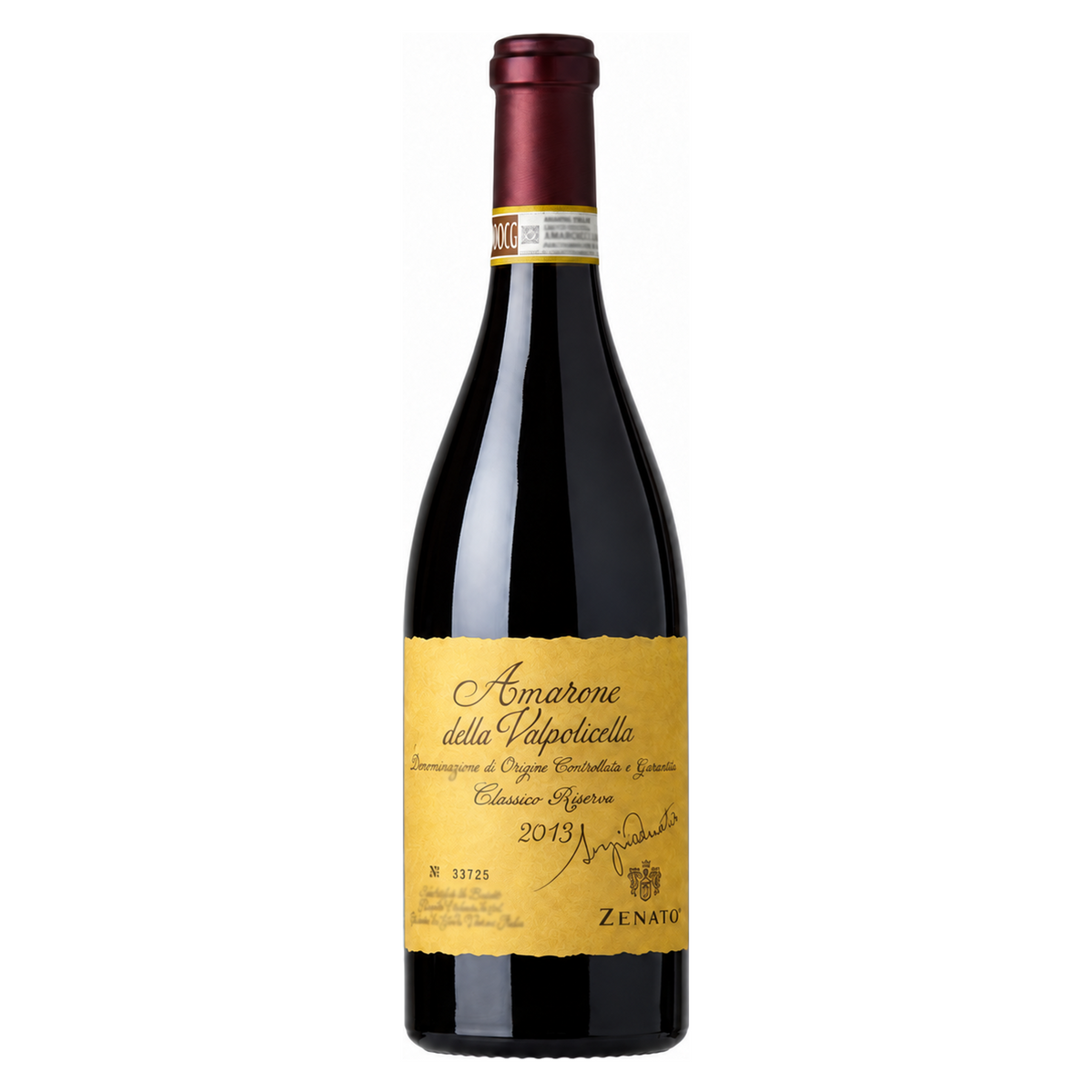 Zenato – Amarone della Valpolicella Classico Riserva Sergio Zenato 2013 – Veneto Italy — restored from supplied 2013 bottle reference, upright full bottle on white; tiny certification and bottler print remains soft.