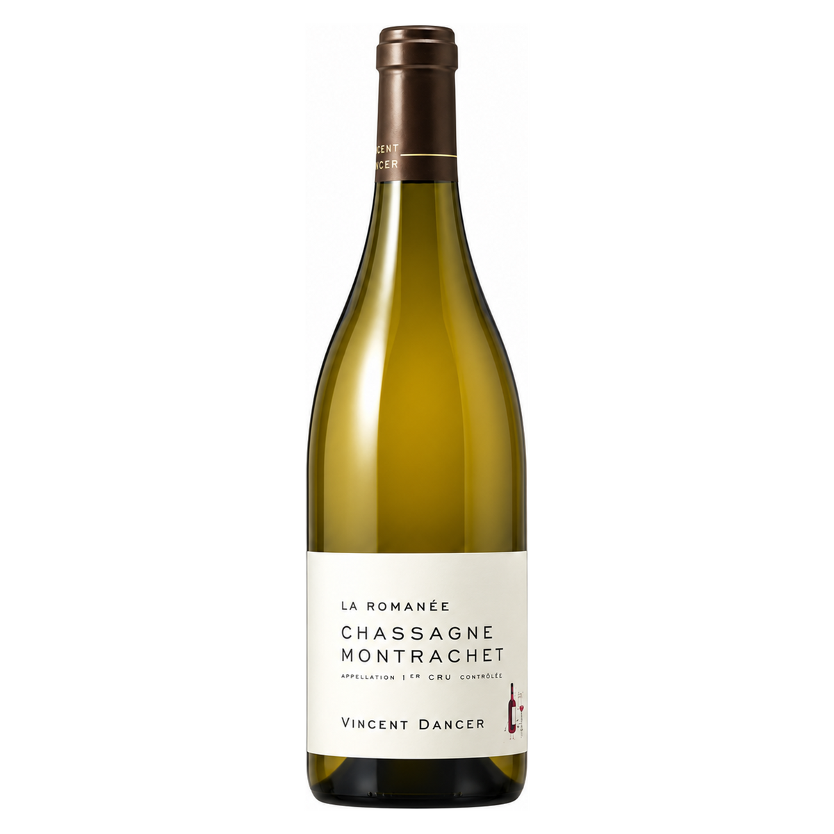 Vincent Dancer – Chassagne-Montrachet Premier Cru La Romanée 2016 – Burgundy France — full front bottle on white background. Representative image; label vintage not shown.