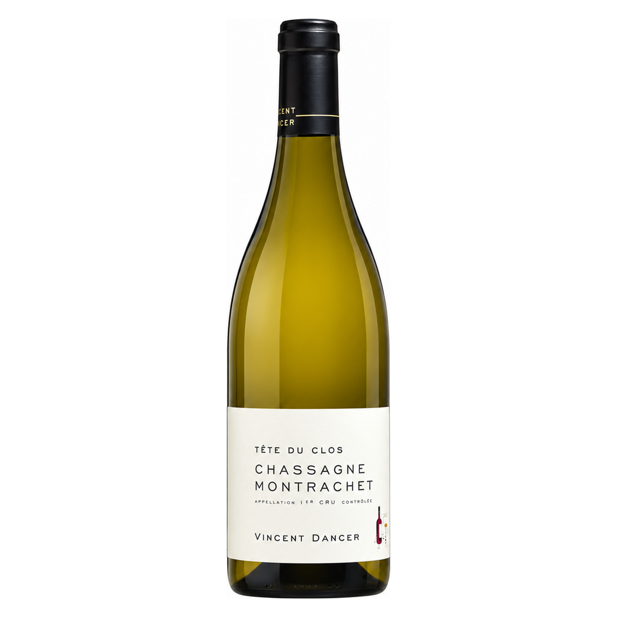 Vincent Dancer – Chassagne-Montrachet Premier Cru Tête du Clos 2018 – Burgundy France — full front bottle on white background. Representative image; label vintage not shown.