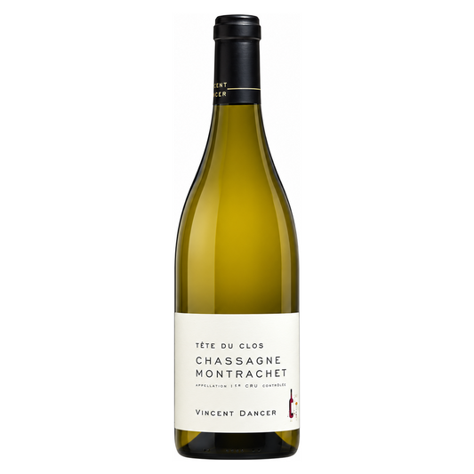 Vincent Dancer – Chassagne-Montrachet Premier Cru Tête du Clos 2018 – Burgundy France — full front bottle on white background. Representative image; label vintage not shown.